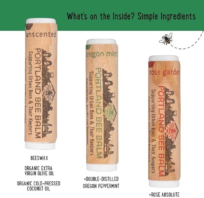 Portland Bee Balm All Natural Handmade Beeswax Based Lip Balm Unscented, Oregon Mint and Rose Assortment 9 Count