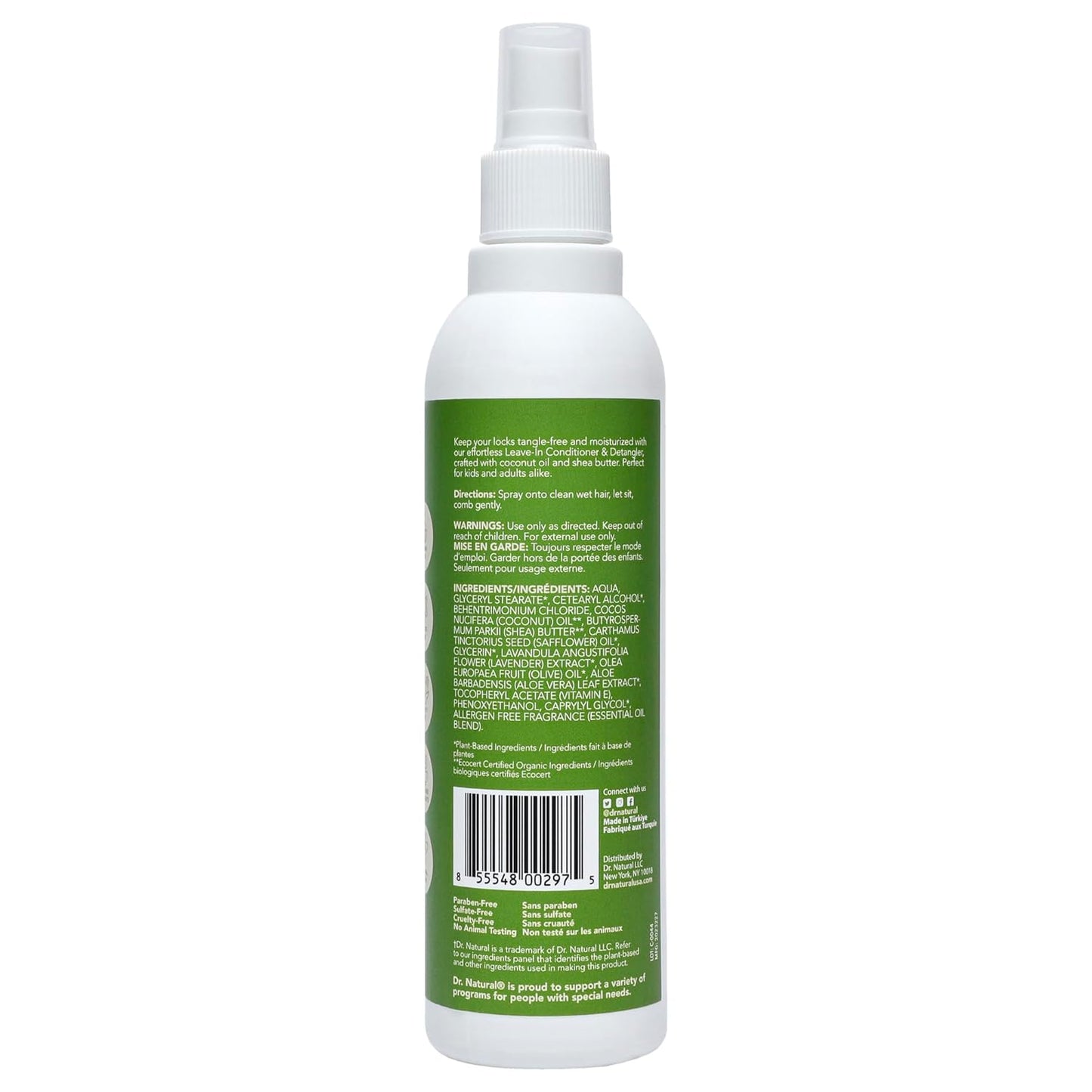 Dr. Natural Leave-in Conditioner and Detangler, 6.7 oz - Hair Detangler Spray for All Hair Types - Deep Conditioner with Coconut Oil and Shea Butter - Controls Frizz, Tangles - Hypoallergenic