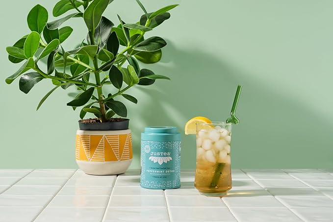 JusTea PEPPERMINT DETOX | Loose Leaf Herbal Tea | Tin with Hand Carved Tea Spoon | 40+ Cups (1.6oz) | Caffeine Free | Award-Winning | Fair Trade | Non-GMO