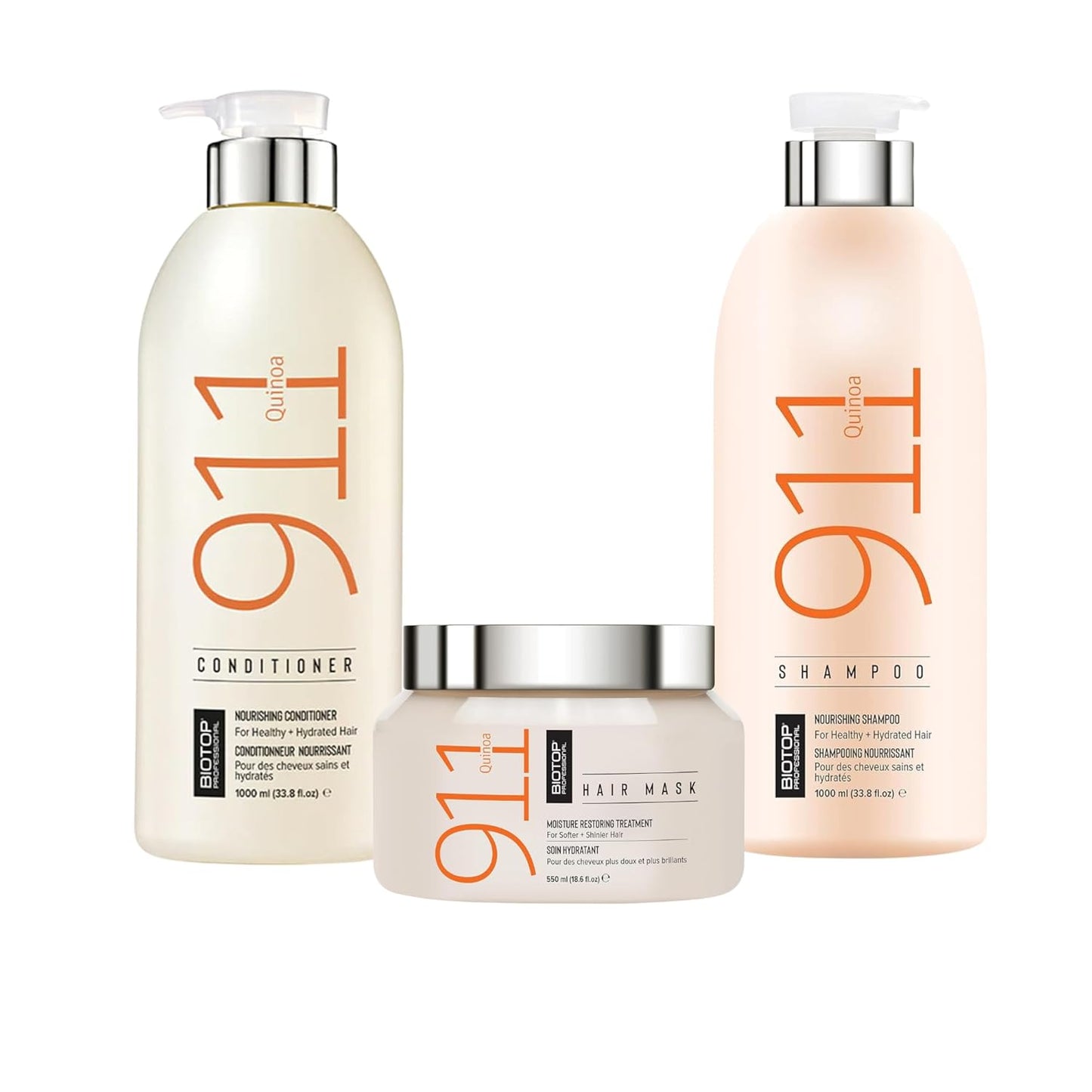 Biotop Professional 911 Quinoa Hair Care Trio – Shampoo (33.8 oz), Conditioner (33.8 oz), and Hair Mask (18.6 oz) for Dry, Damaged, and Color-Treated Hair
