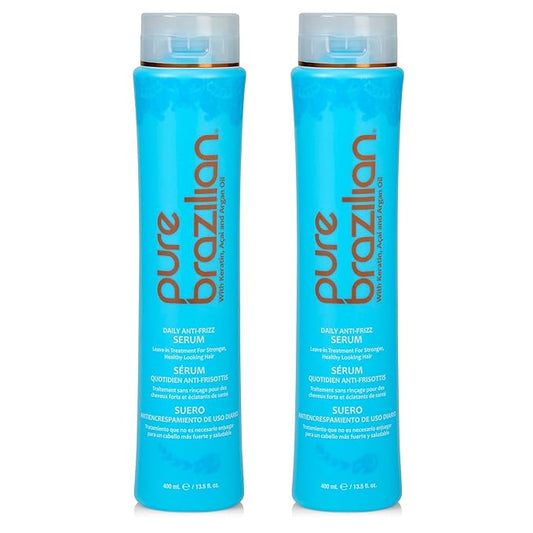 Pure Brazilian Anti-Frizz Daily Leave-In Serum, Strengthening Hair Treatment, Fortifies & Protects Hair From Heat & UVA/UVB, Pack of 2, 13.5 Ounce (400 Milliliter)