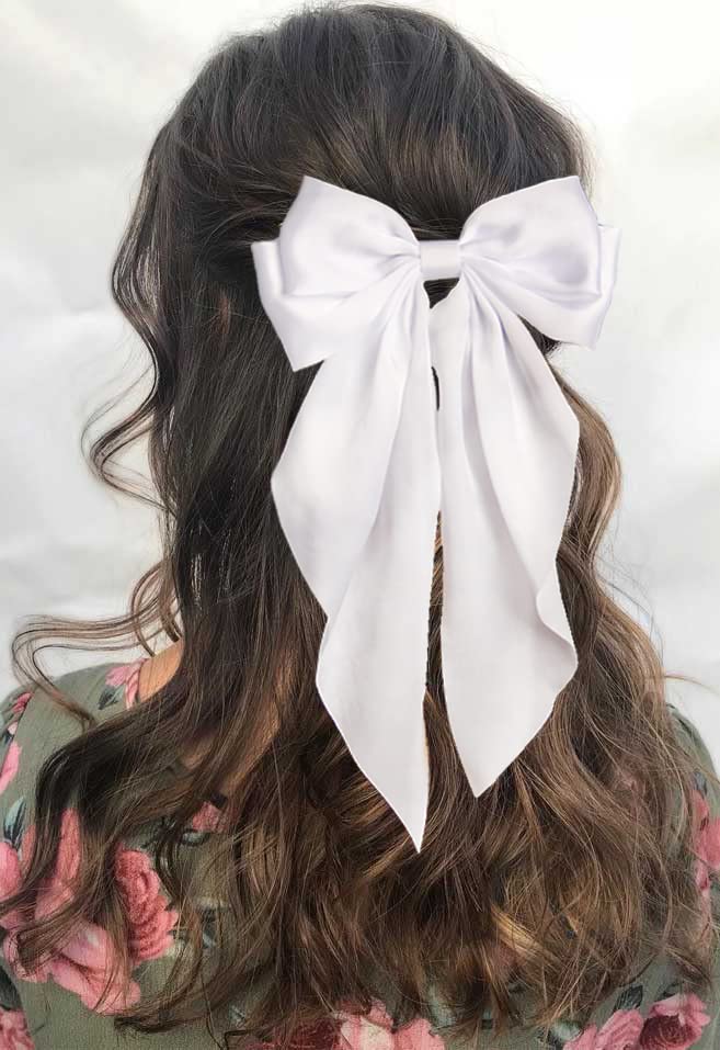 Furling Pompoms Hair Bows Clips for Women Large Bow Clips for Girls Satin Long Tails with Alligator Clips Big Hair Bow Hair Accessories (Red White)