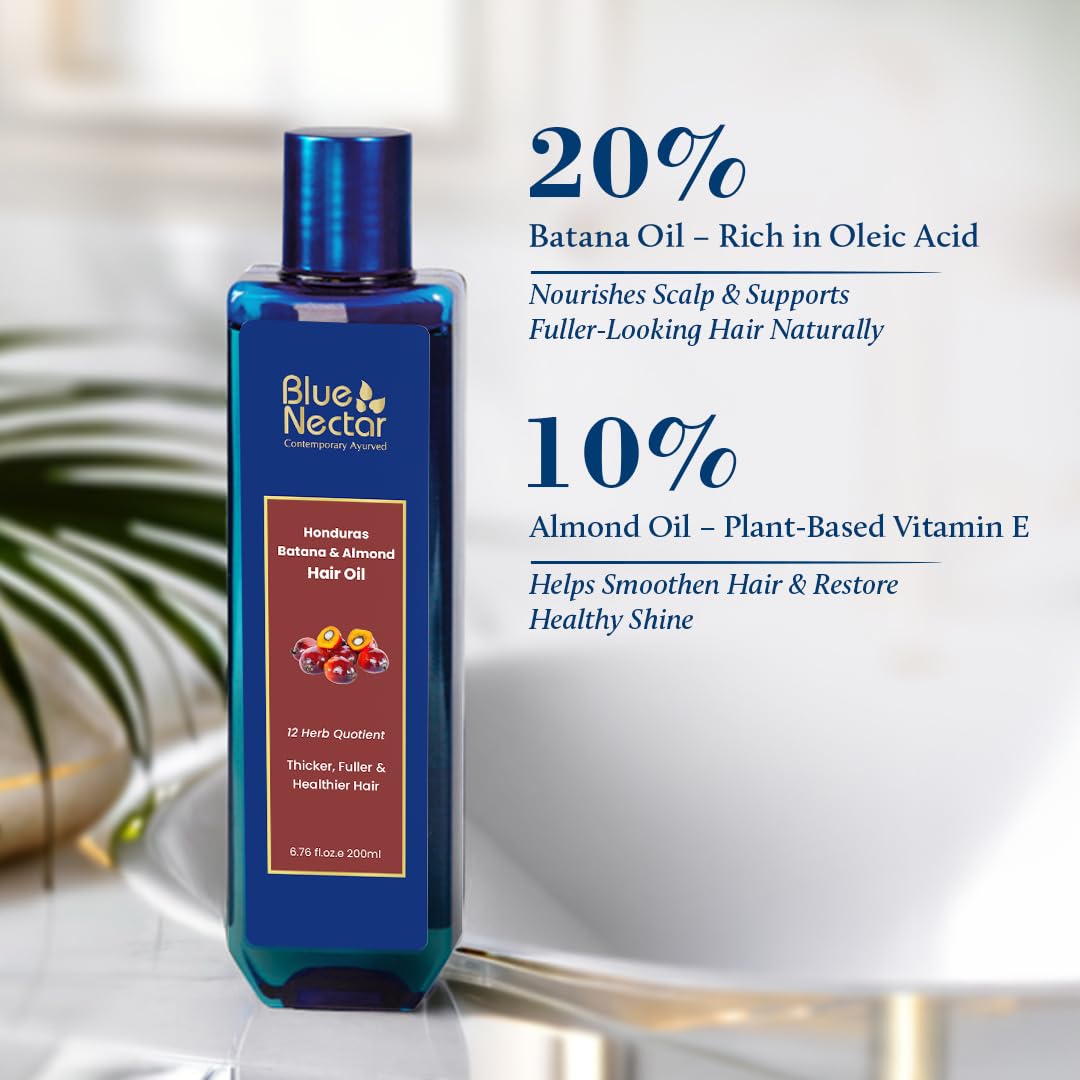 Blue Nectar Batana Oil for Thicker Hair | Pure Honduras Batana for Hair Growth with Organic Almond | Ayurvedic Hair Growth Oil for Stronger Hair (12 Herbs, 6.76 FlOz)