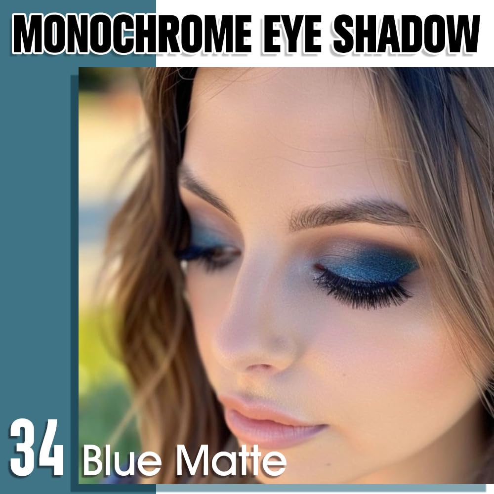 Blue Matte Single Eyeshadow, Lightweight Blendable Mini Eye Shadow for Older Women, Monochrome Eyeshadow Palette Makeup Pigmented Waterproof, Vegan & Cruelty-Free, 34