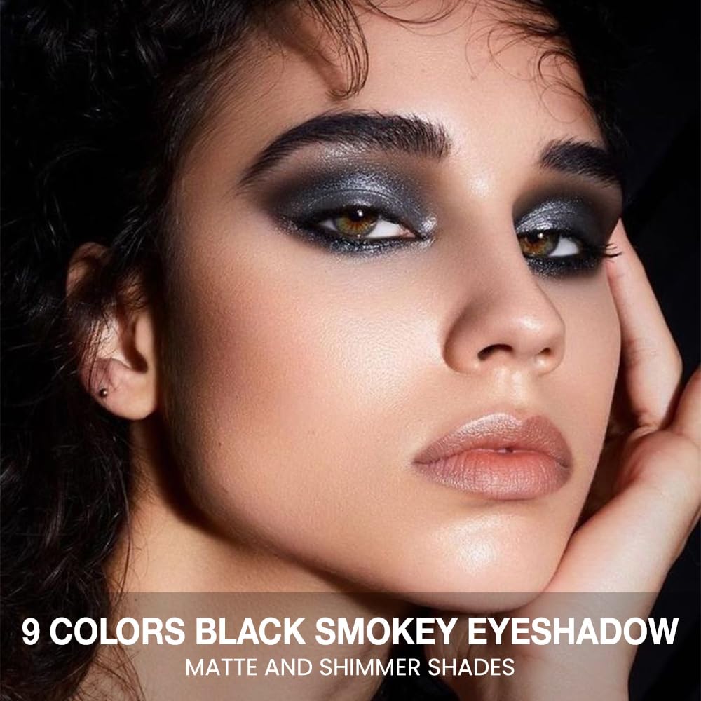 evpct 9 Colors Silver Gray Glitter Eyeshadow Palette, Black Smokey Grey and Silver White Sparkle Glitter Shimmer Shiny Eye Shadow Palette Makeup for older Women, Goth Gothic Highly Pigmented Eyeshadow