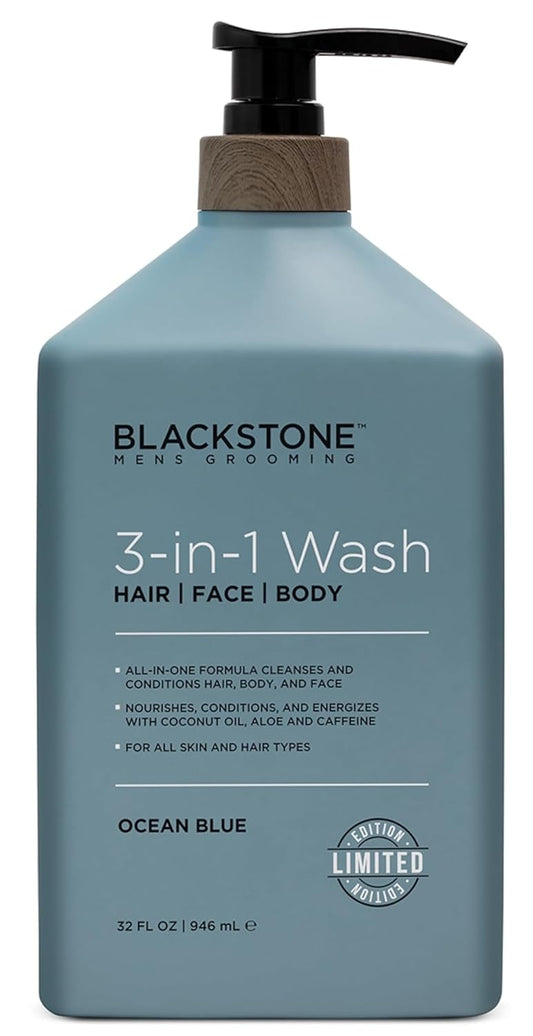 Blackstone Men's Grooming 3-in-1 Wash for Men with Coconut Oil, Aloe and Caffeine | Cleanses & Conditions Hair, Body, & Face | For All Skin & Hair Types - Ocean Blue (32 Fl Oz)