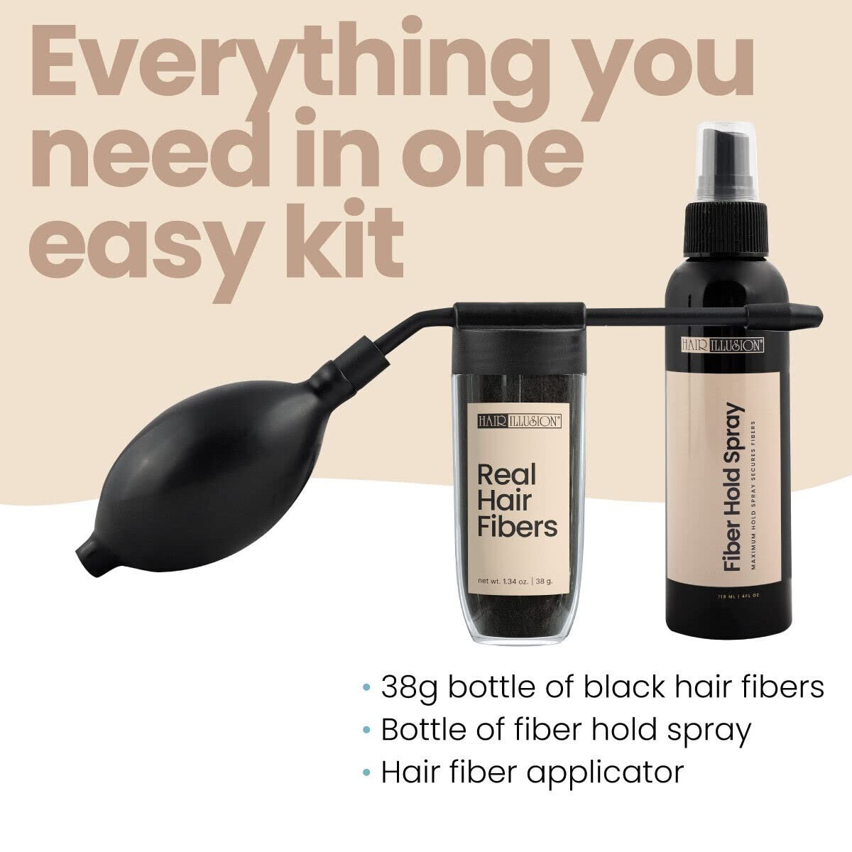 Hair Illusion Combo Kit - Hold Spray, 38g Hair Fiber Bottle, Applicator & Hairline Optimizer (Jet Black)