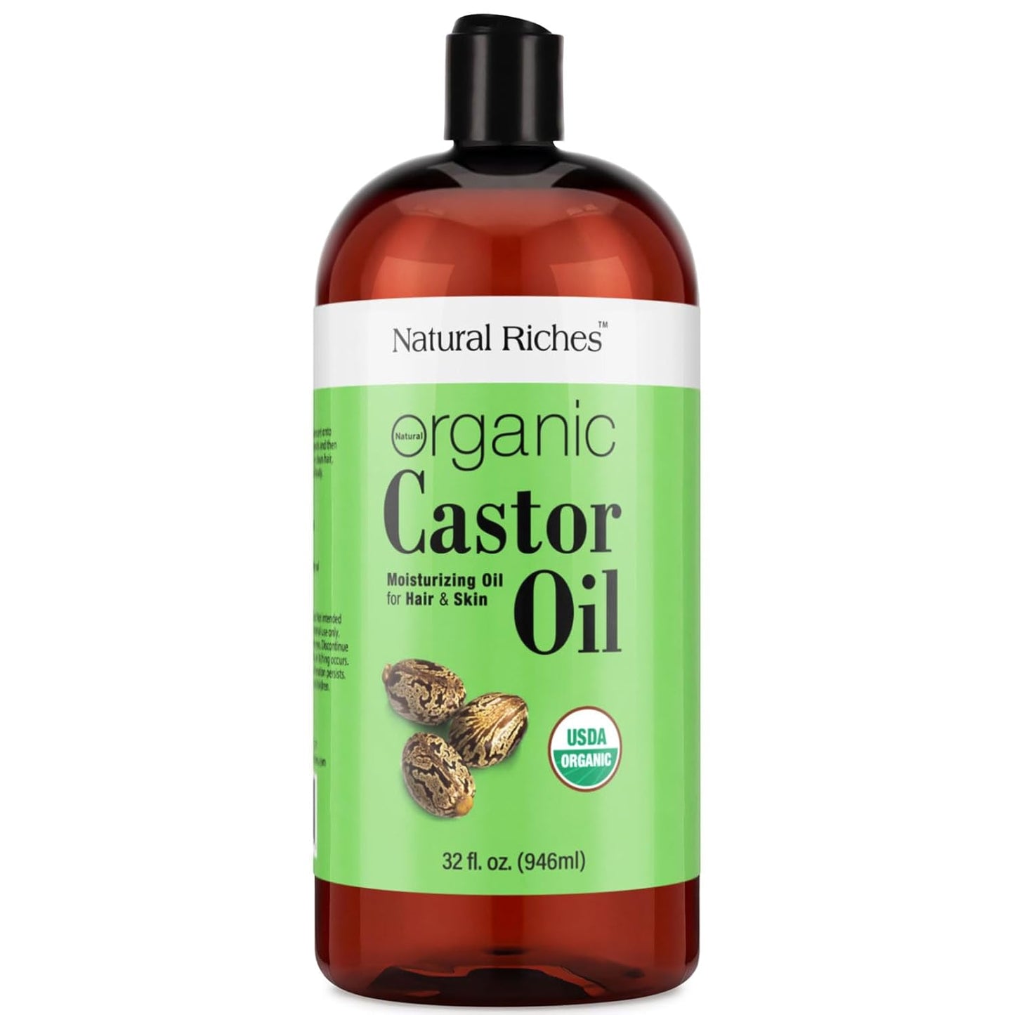 Natural Riches Organic Castor Oil - Cold Pressed, USDA Certified for Dry Skin, Hair Loss, Dandruff, Hair Growth, and Thicker Eyelashes & Eyebrows - 32 fl. oz.