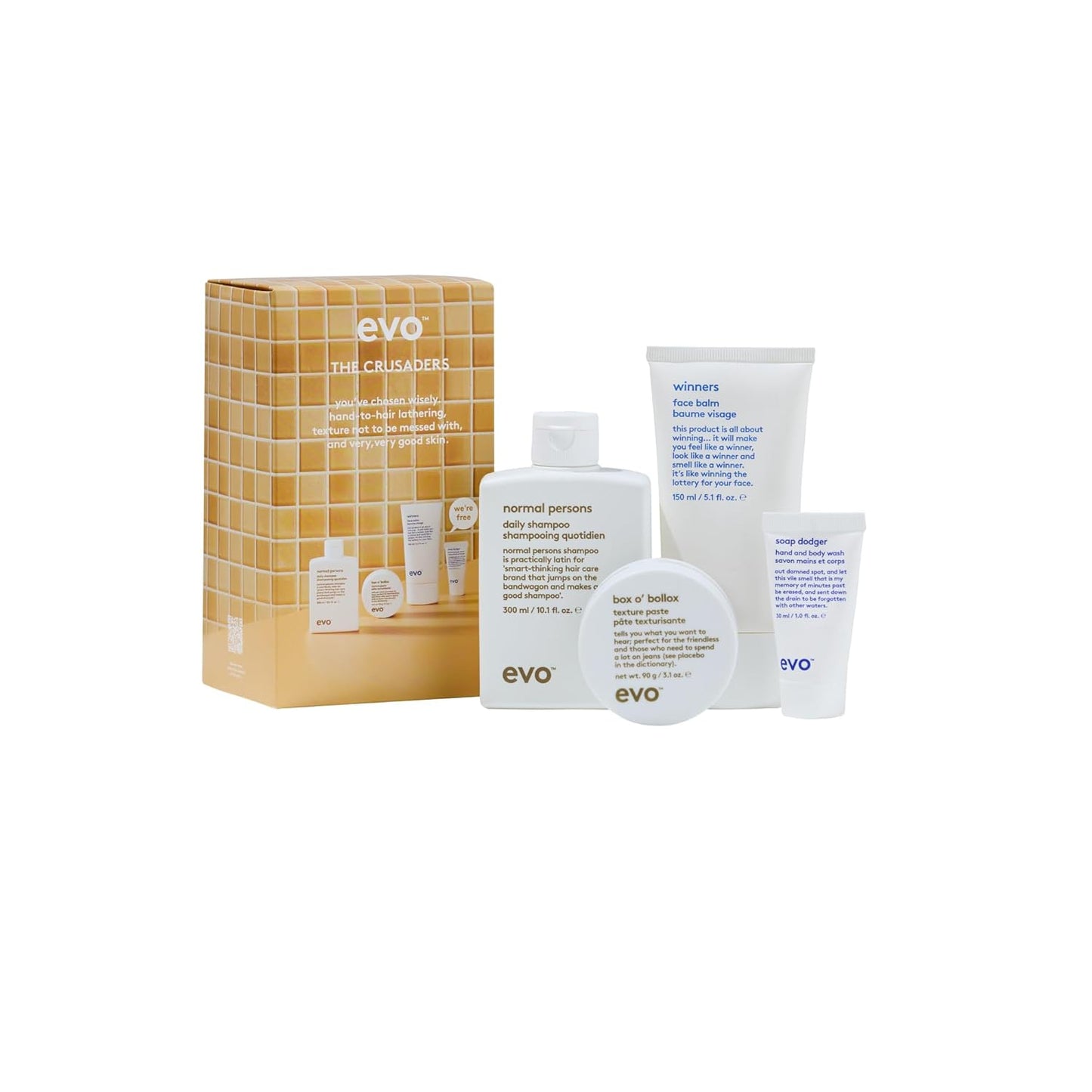 Evo - The Crusaders Haircare Gift Set - Normal Person Daily Shampoo, Box O Bollox Texture Paste, Winners Face Balm and Soap Dodger Hand & Body Wash