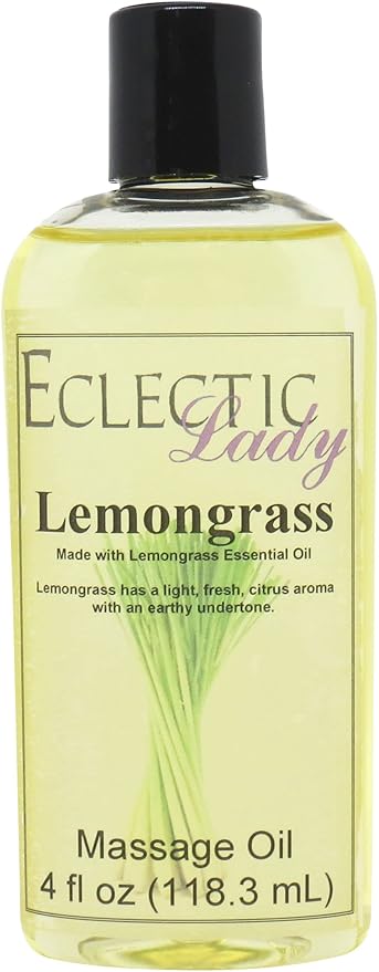 All Natural Lemongrass Massage Oil - Eclectic Lady 4 oz. 100% Natural Ingredients with Sweet Almond & Jojoba Oil, Relaxing Scent for Men & Women