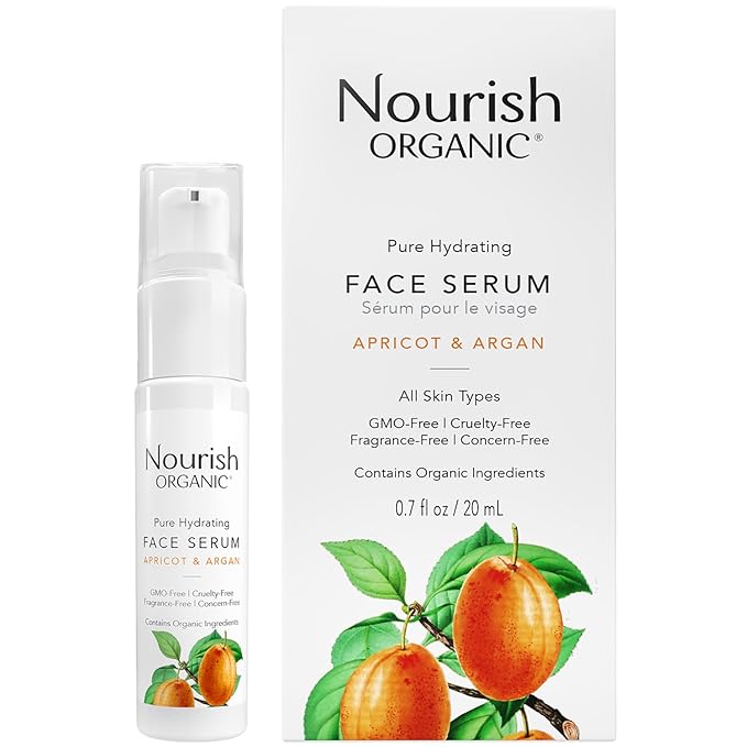Nourish Organic Face Serum, Apricot & Argan – Pure Hydrating Facial Serum with Vitamin C and Vitamin A + Washable Cotton Round
