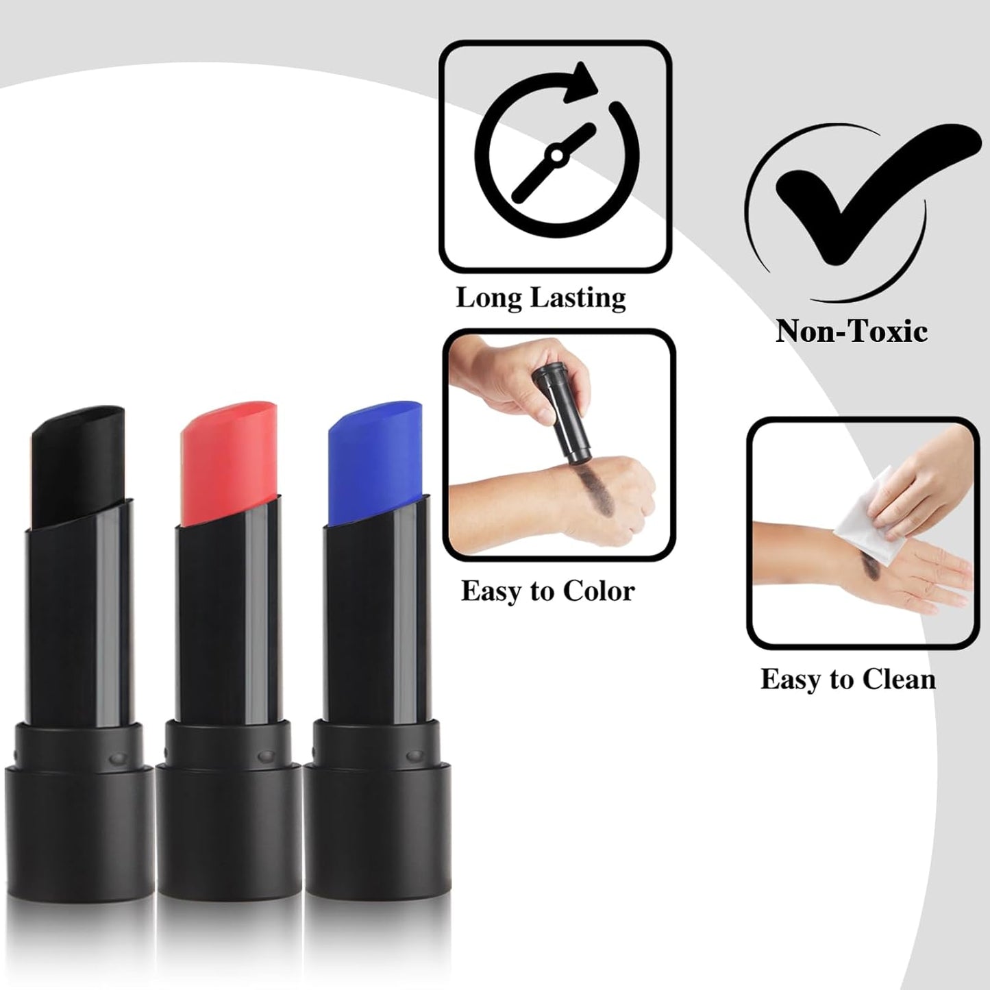 MEICOLY 3Pcs Royal Blue Black Red Face Body Paint Stick,Face Paint for Halloween SFX Devil Cosplay Makeup,Body Paint for Adults Kids,Waterproof Eye Black for Baseball/Football/Softball,Blue+Black+Red