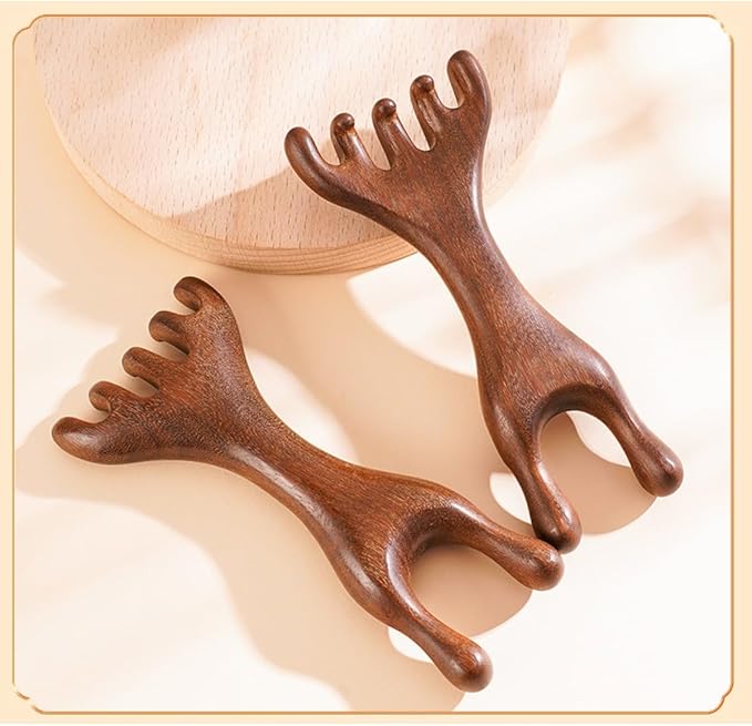 Golden Sandalwood Massager Tool Eye Massage Device Scalp Gua Sha Wooden Comb Forehead Massage Tools with Gift Box (5+2-Claws)
