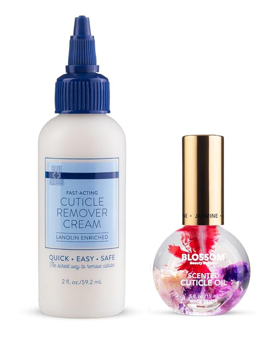 Blossom + Blue Cross Hydrating, Moisturizing, Strenthening Cuticle Oil & Cuticle Remover Cream 2 Pack Bundle, 2oz Cream + 0.42oz Jasmine