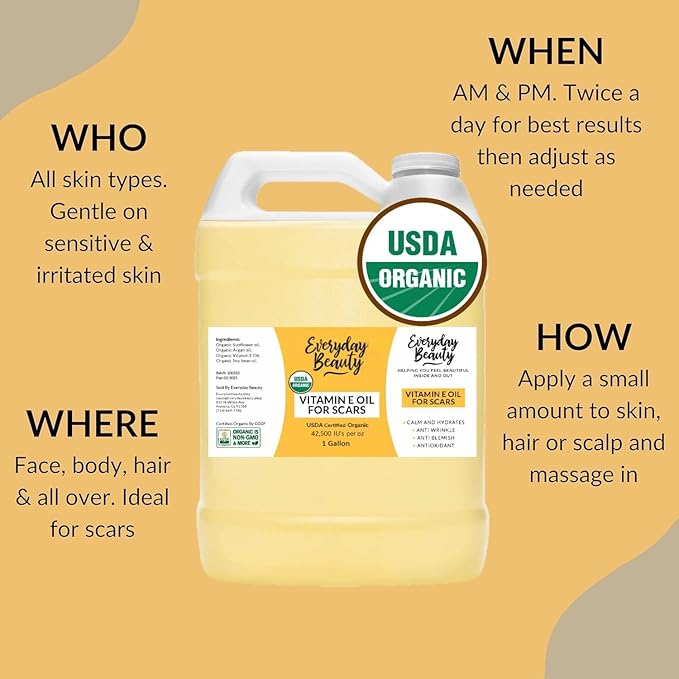 Organic Vitamin E Oil Bulk - 1 Gallon USDA Certified 100% All Natural Plant Based - Light and Unscented Great for Scars After Surgery - For Face, Skin and Nails - DIY, Reduce Wrinkles & Anti Aging