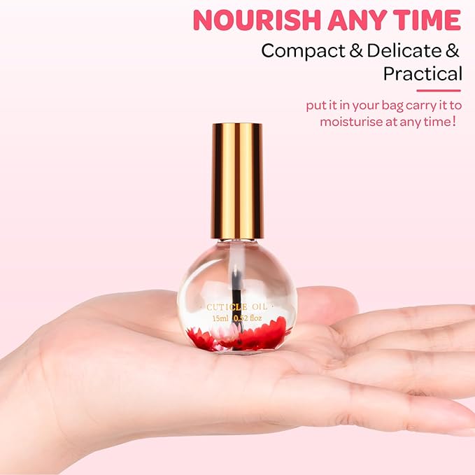JIASHENG Cuticle Oil, Strawberry Scented Cuticle Nail Oil Infused with Real Flowers, Hydrates, Moisturizes, Strengthens, Repairs, Revitalizing Cuticle Oils for Nails Damage Dry Cuticle, 15ml