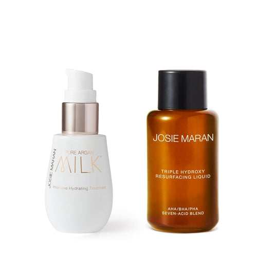 Josie Maran Pure Argan Milk Intensive Hydrating Treament & Triple Hydroxy Resurfacing Liquid Skin Care Set - Anti Aging Face Serum with Argan Oil & Exfoliating Toner with Gylcolic Acid (2 Pieces)