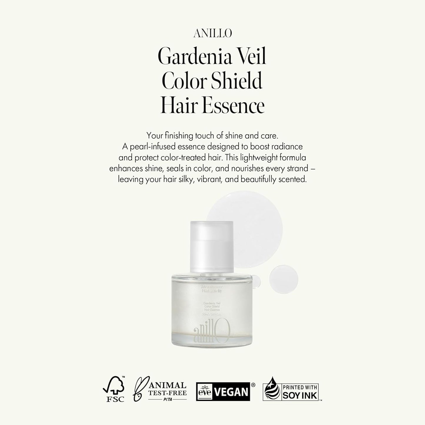 ANILLO Gardenia Veil Color Shield Hair Essence – Lightweight Leave-In Treatment for Color-Treated Hair – Shine Boost, Damage Repair, Color Fixing System, Floral Scent – (50ml / 1.69 fl. Oz)