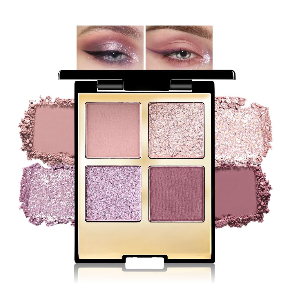 Eyeshadow Quad Makeup Palette – 4 Shades of Nude, Pink, Purple, Champagne Gold Tones, Blendable Matte & Shimmer, Long-Lasting Waterproof, Perfect for Mature & Young Women, with Built-In Mirror 03#