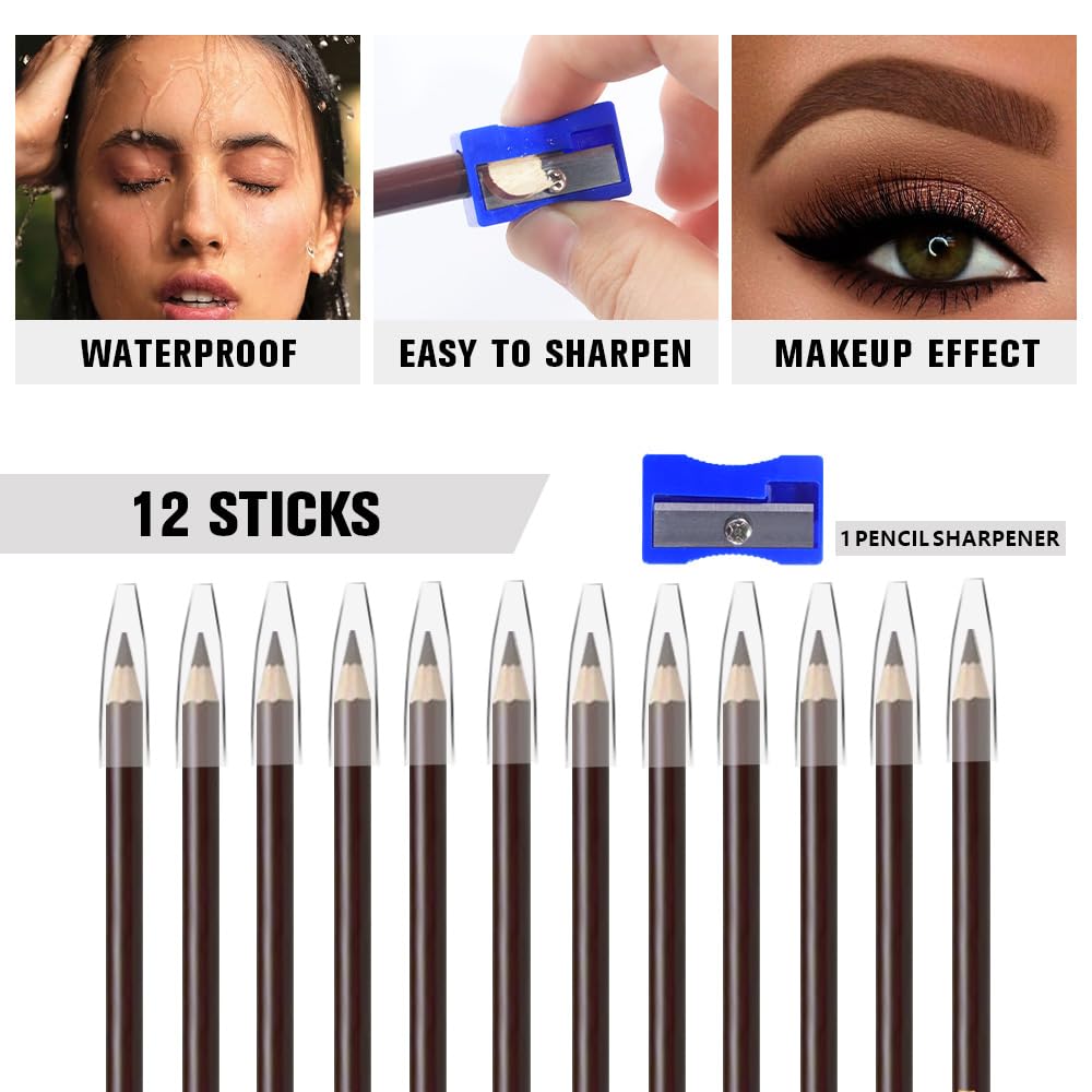 12Pcs Dark Brown Eyebrow Pencils for Women,Wooden Hard-Core Eyebrow Eyeliner Pencil,Sharpener Included,Long Lasting Waterproof Sweat-proof Create a Natural Eye Brow Makeup,Beginner Brow Pencil,Vegan