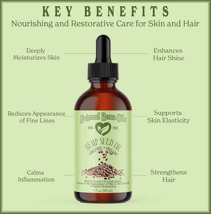 Natural Born Oils Hemp Seed Oil, 2oz, Organic, Cold-Pressed, Rich in Omega Fatty Acids, Ideal for Skin Hydration, Hair Growth
