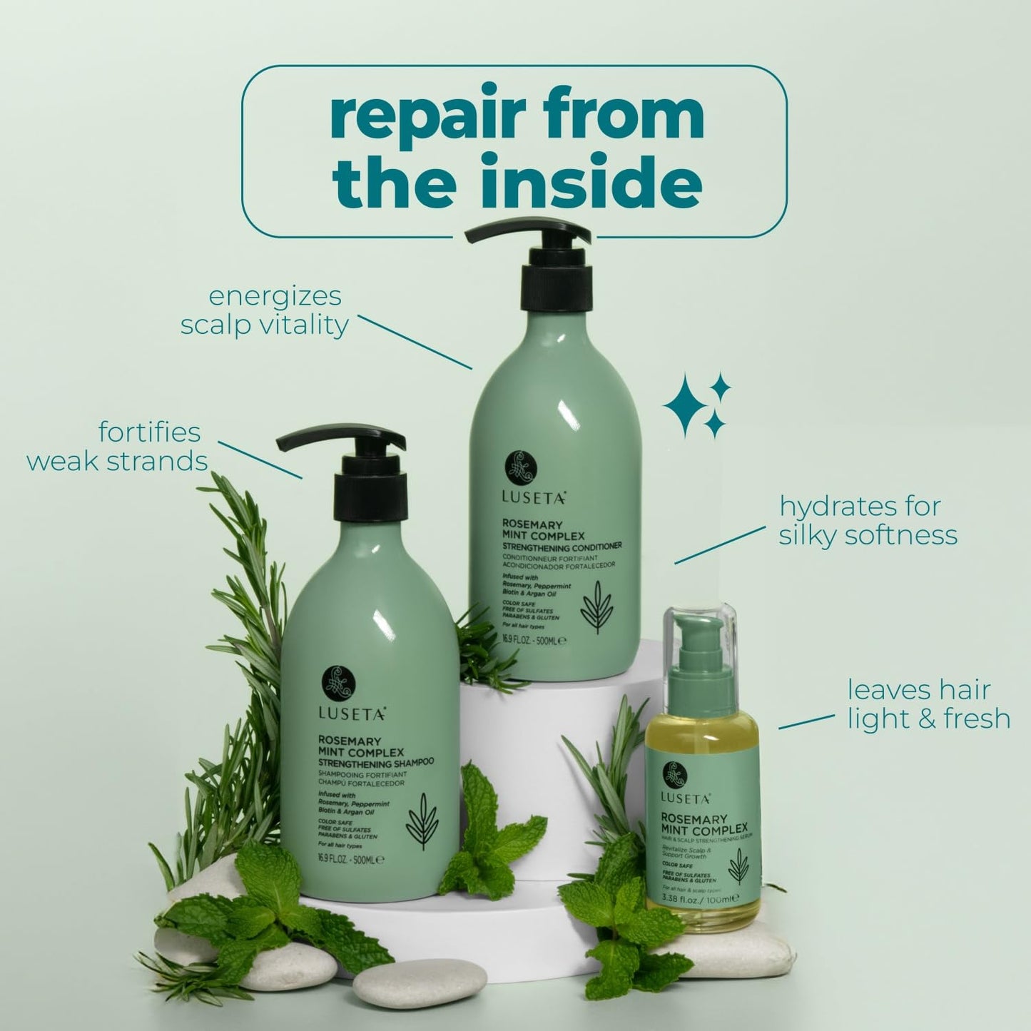 Luseta Rosemary Mint Shampoo and Conditioner 16.9oz and Hair Oil 3.38oz Trio Hair Care Set Nourishment & Smoothness for Thin Hair,Reduce Frizz and Add Shine