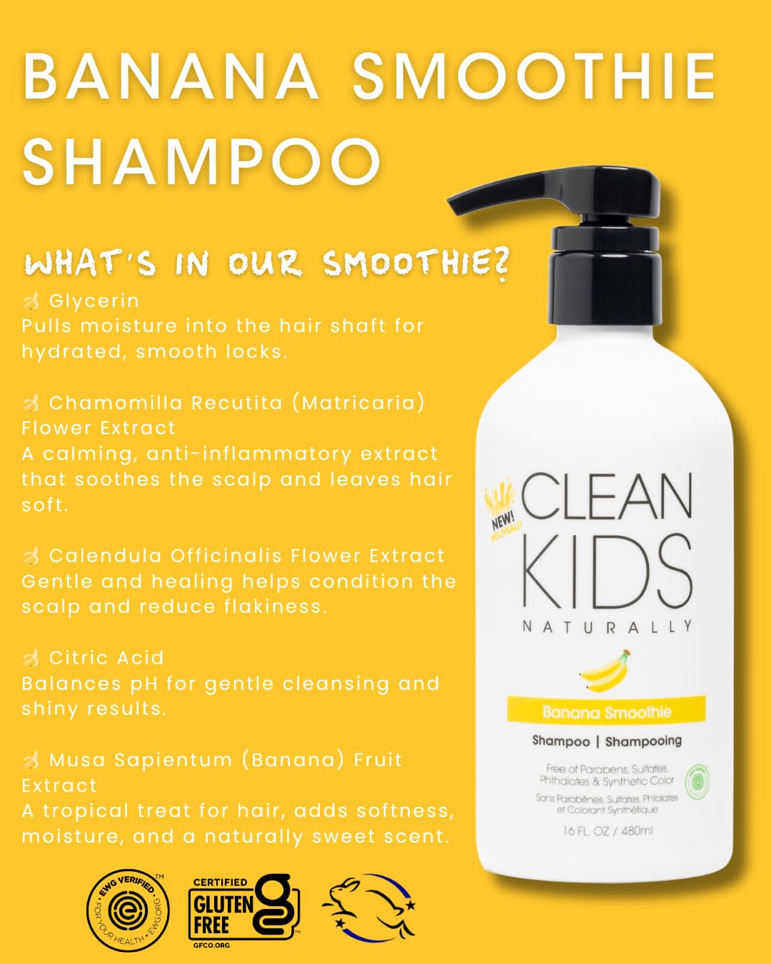 Clean Kids Naturally Tropical Shampoo- EWG Verified, All-Natural, Coconut-free, Gluten-free, Vegan, and Cruelty-free, Paraben-Free (16 FL Oz, Banana Smoothie)