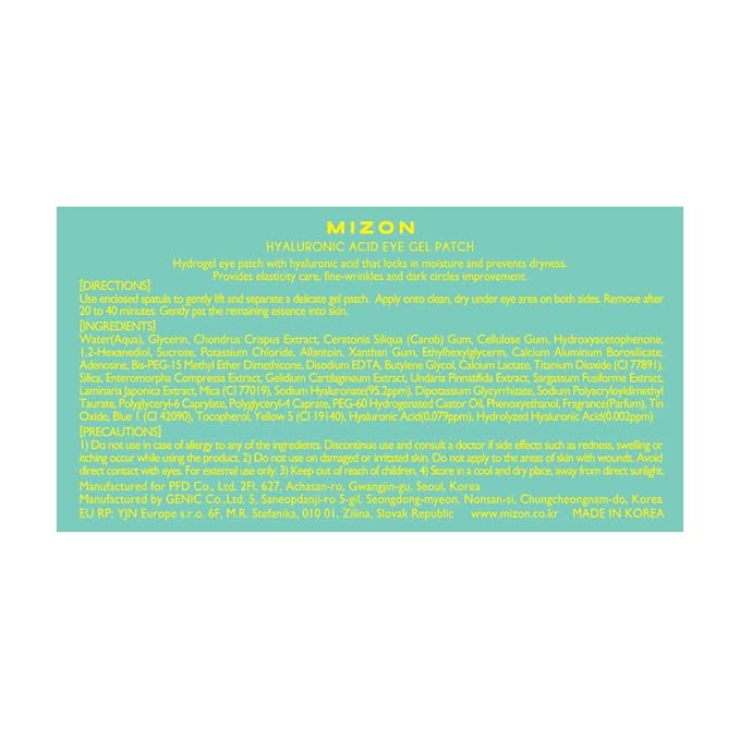 MIZON Hyaluronic eye gel patches + Hyaluronic acid 100, Eye Care, Eye Patch, Pads for Dark Circles, Wrinkle Care, Moisturizing, Hydration