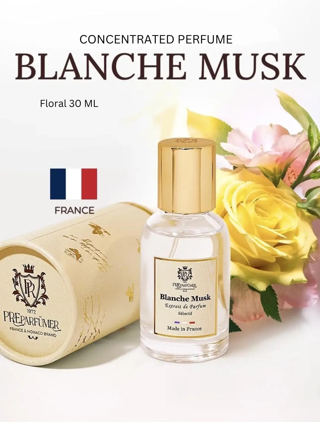 PREparfume From France Blanche Musk for Women 30ml – Fresh Floral Aldehyde Scent From France – Luxury Fragrance with Aldehydes, Rose – Long Lasting Perfume With Tea Leaves Notes