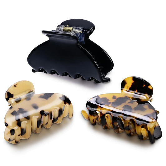 3 Pack Women's Hair Clips Set black - Vintage Tortoise & Leopard Print Non-Slip Claw Clips, Celluloid Jaw Clamps for Medium Hair Hair Accessories Gift for Women