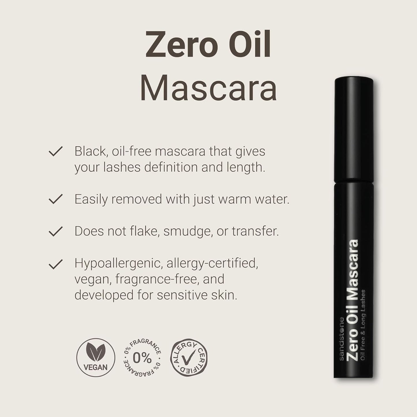 Sandstone Scandinavia Zero Oil Hypoallergenic Mascara Sensitive Eyes - Smudge-Proof, Lengthening and Defining - Fragrance Free, Vegan, Non Toxic - Oil Free and washable