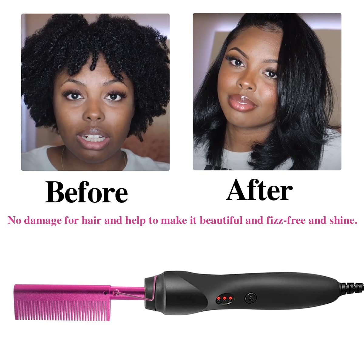 Goiple Electric Hot Comb Pink Hair Straightener Electrical Straightening Comb Curling Iron for Natural Black Hair Wigs with Wide Tooth/Rat Tail Comb, Wax Stick, Wig Cap, Edge Band, Hair Clips