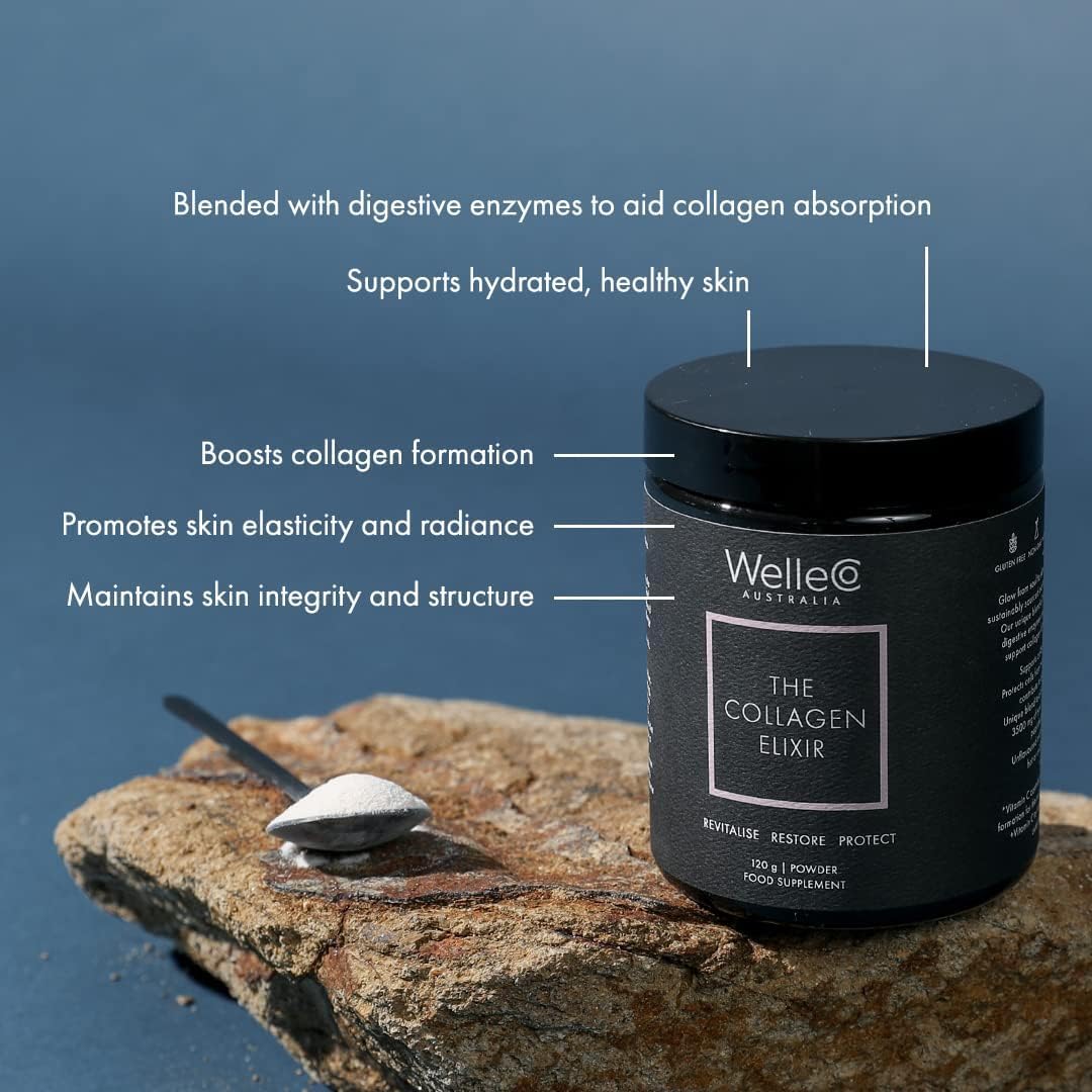 WelleCo The Collagen Elixir, Marine Collagen Peptides Powder with Hyaluronic Acid, Vitamin C, Digestive Enzymes & Silica for Skin, Hair & Nails, Unflavored, 4.23 oz