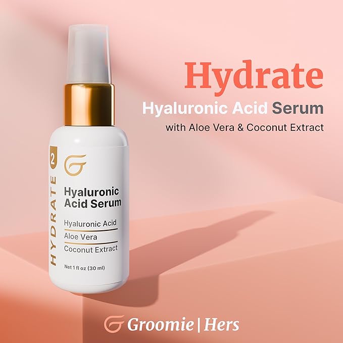Groomie Hyaluronic Acid Serum for Face - Anti-Aging Facial Serum Helps Reduce Wrinkles & Fine Lines - Hydrating & Rejuvenating Skin Care for Plump, Smooth & Supple Skin - Non-Irritating Formula