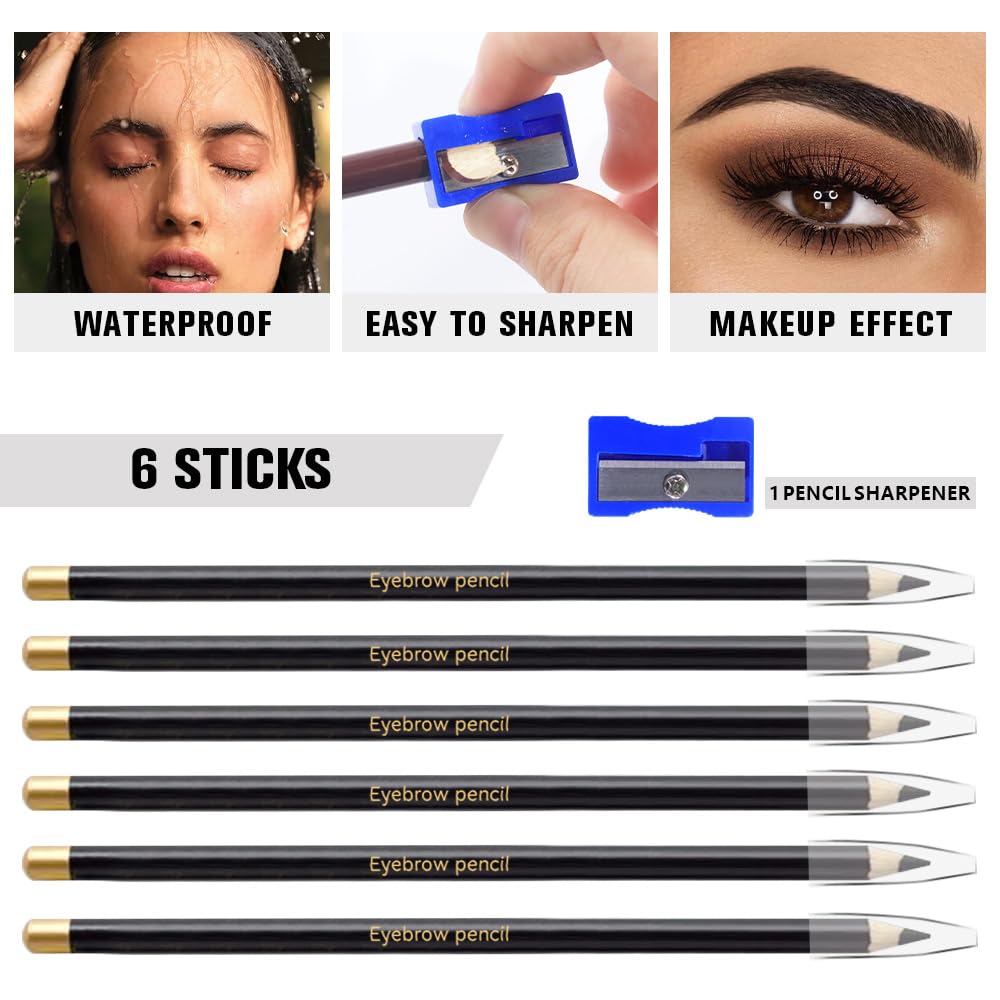 6Pcs Long Eyebrow Pencils Set - Black Natural Look, for Eyebrows & Eyeliner, Waterproof & Sweat-Proof Wooden Hard-Core Brow Pencil with Sharpener, Long Lasting Makeup Kit for Beginners 100#