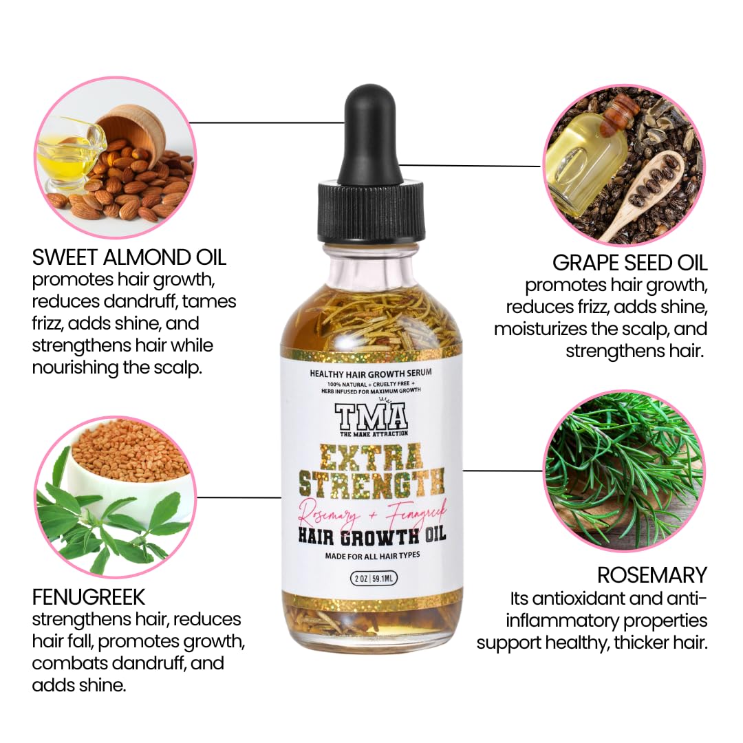 The Mane Attraction Extra Strength Rosemary + Fenugreek Herbal Hair Growth Oil | Infused With Castor Oil for ALL Hair Types Mini, 2oz