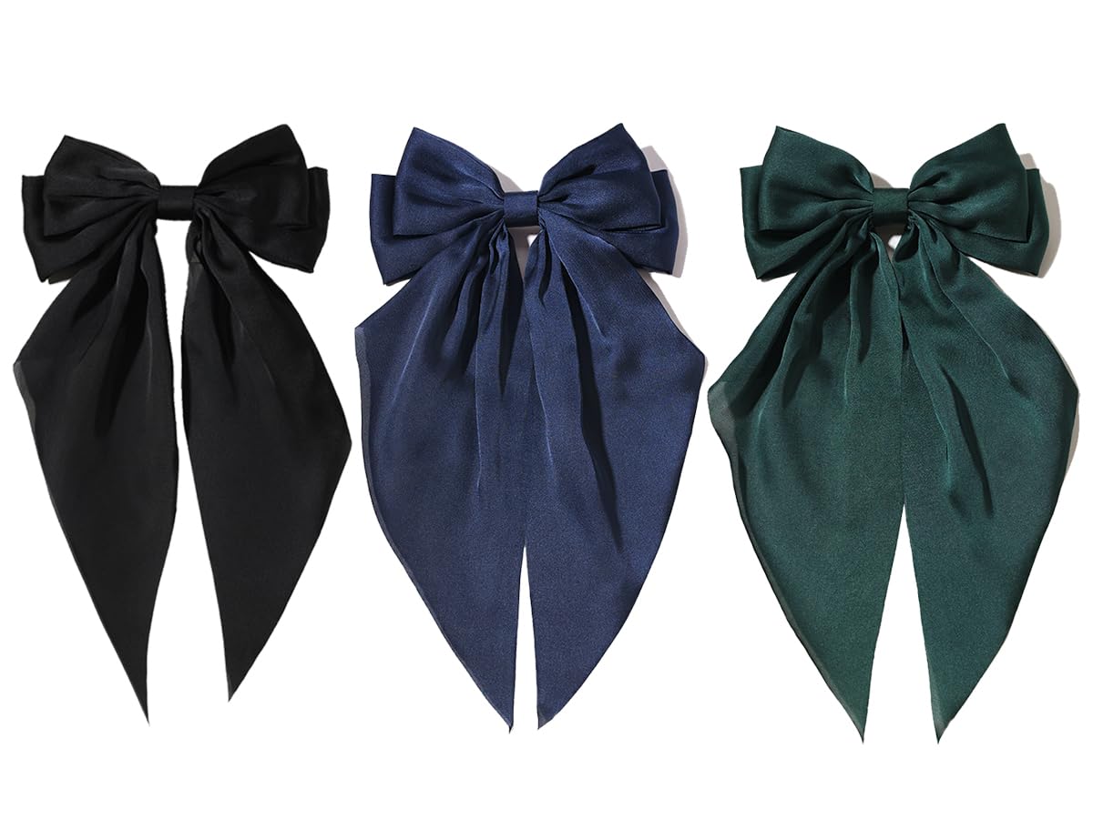 Furling Pompoms Hair Bows for Women 3pcs Big Black Bow Hair Clips Navy Blue Ribbon Hair Bow Green Hair Bow Ponytail Accessories, Holiday Party Back to School