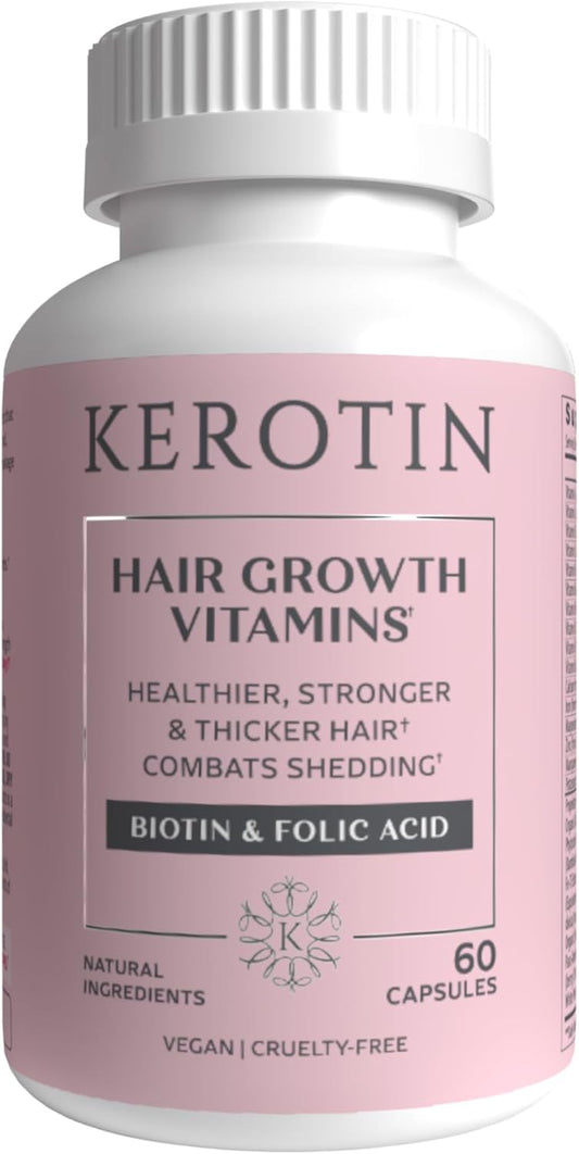 Kerotin Hair Growth Vitamins, Biotin Supplement, DHT Blocker, Collagen Stimulator, for Hair Loss Support, Nail & Skin Care, Includes Saw Palmetto, Vitamin D3 & More - 60 Pills (1 Month Supply)