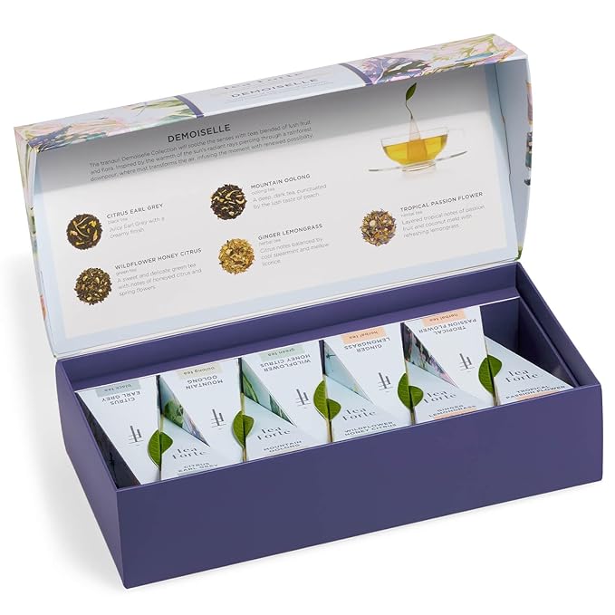 Tea Forte Demoiselle Petite Presentation Box Tea Gift Set Sampler, 10 Count, 2 of Each Variety Individually Wrapped Handcrafted Pyramid Infuser Bags