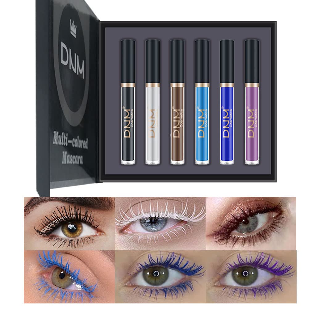 Colored Mascara Colorful Waterproof Blue Mascara for Eyelashes Set,White Black Brown Purple Long lasting Charming Voluminous Cruelty Free Vegan Eye Makeup (6 Colors)
