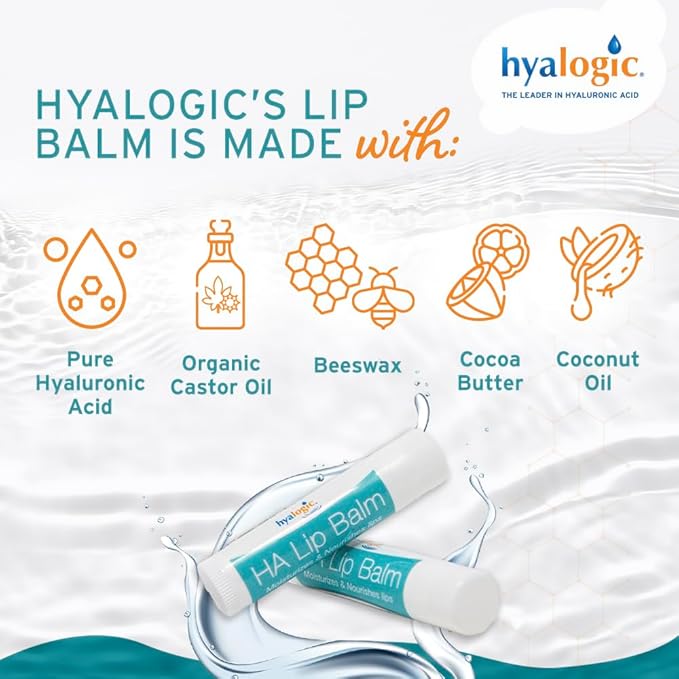 Hyalogic HA Lip Balm - Hyaluronic Acid & Organic, Natural Coconut Oil - Soothes Dry, Chapped Lips - Plumping, Moisturizing & Nourishing - Unflavored - Fragrance & Dye Free - 4.25g - 4 Sticks