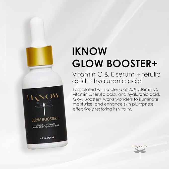 IKNOW Glow Booster+ Vitamin C and E Serum, Hyaluronic Acid Serum for Face, Facial Serum for Glow Up, Hydrating Serum for Dark Spots, Fine Lines and Wrinkles (1 oz)
