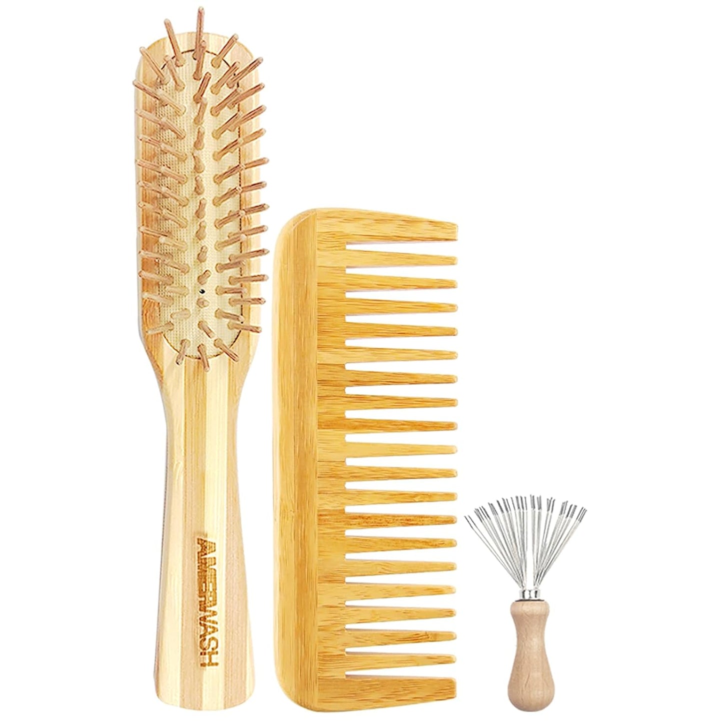 Bamboo Detangling Hairbrush and Wide Tooth Comb Set - Promotes Hair Growth, for Women, Men, Thick, Thin, Curly, Dry Hair - Cleaner Included