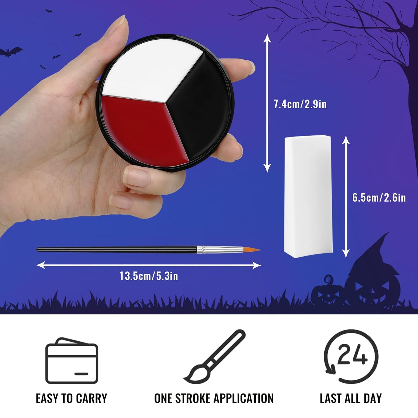 Black White Red Face Paint + 3PC Sponge + Brush, Colored Eye Black for Baseball Softball Sport Games, Body Painting Kit for Halloween Clown Makeup, Cosplay, Costume, SFX Special Effect, Theme Parties