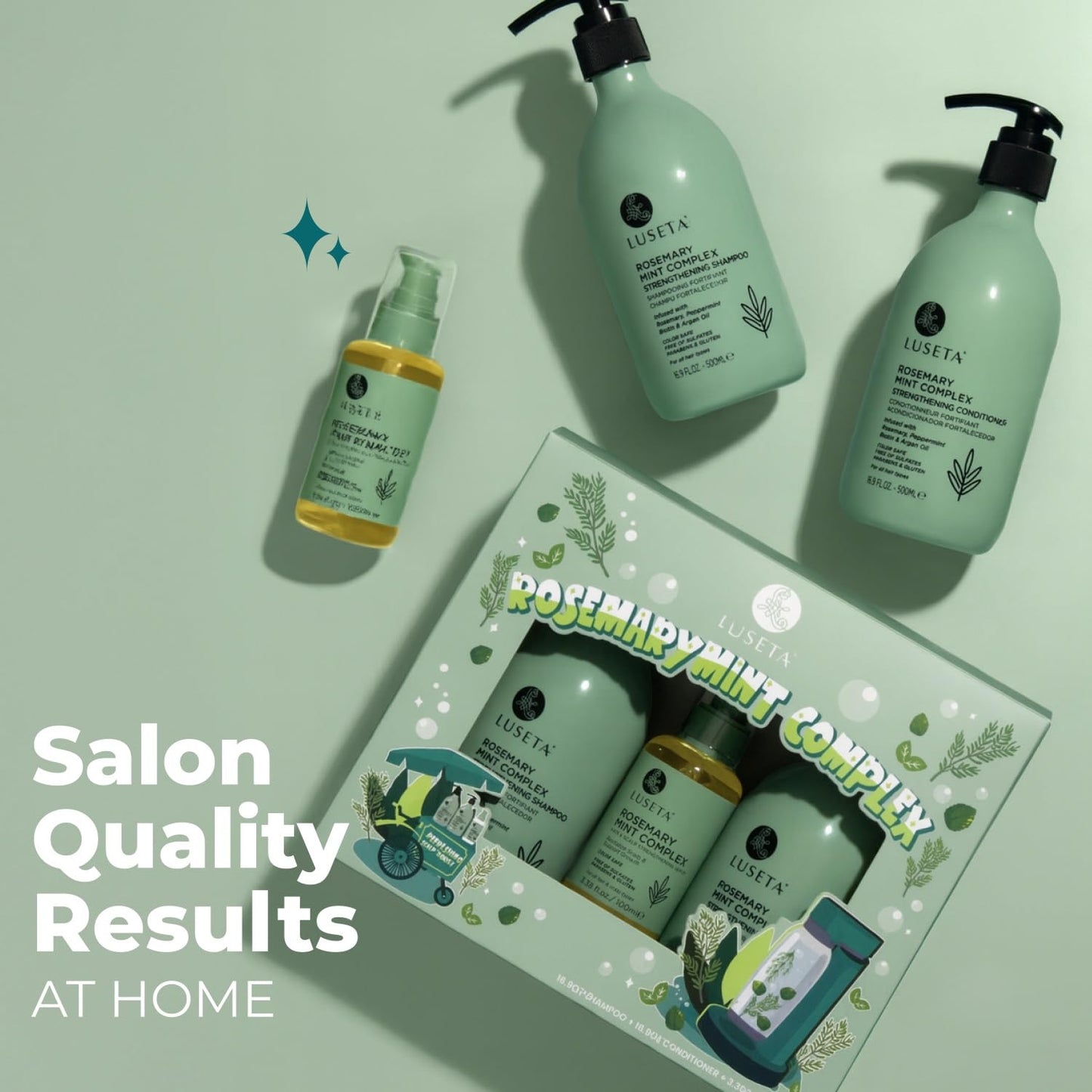 Luseta Rosemary Mint Shampoo and Conditioner 16.9oz and Hair Oil 3.38oz Trio Hair Care Set Nourishment & Smoothness for Thin Hair,Reduce Frizz and Add Shine