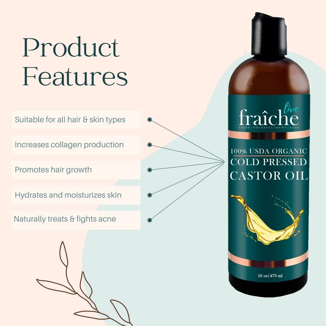 Live Fraiche Organic Castor Oil (16oz) + Filled Mascara Tube - 100% Pure Hexane Free Cold Pressed Castor Oil for Skin and Face - Hair Growth for Eyelashes and Eyebrows Scalp & Hair Treatment Oil