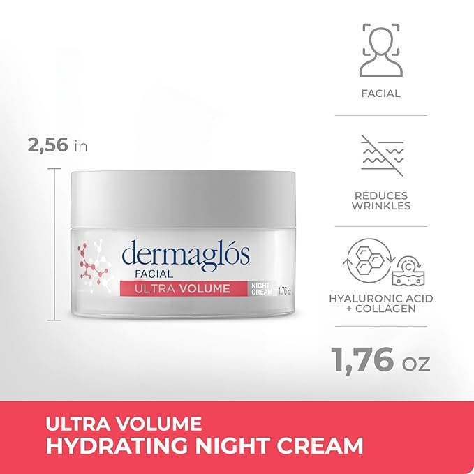 Dermaglos Ultra Volume Anti-Aging Night Cream with Hyaluronic Acid, Collagen and Niacinamide, Hydrating and Firming Face Moisturizer, Improves the Appearance of Wrinkles & Skin Volume, 1.76 Oz
