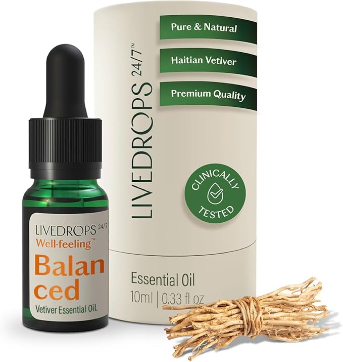 LIVEDROPS 24/7 Balanced Vetiver Essential Oil - Anchoring Scent of Vetiver - Crafted in France - Pure & Natural - Aromatherapy - Dilute in Carrier Oil for The Skin or use in a Diffuser