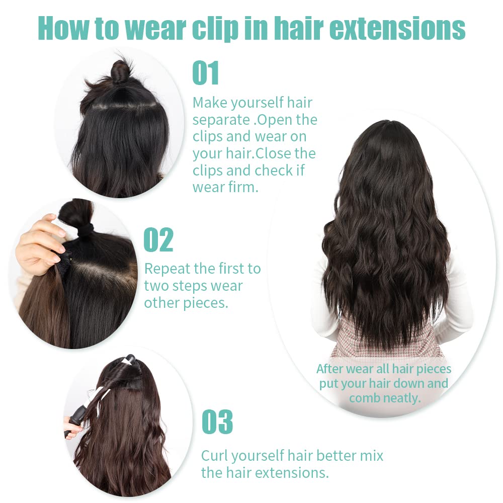 KooKaStyle Clip in Synthetic Hair Extensions Long Wavy 4PCS Thick Hairpieces Dark Brown 6# Fiber Double Weft Natural Hair Extensions 16 Inch for Women