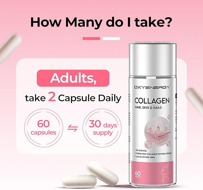 OxyEnergy Collagen Peptides Capsules for Women, 800mg Hydrolyzed Collagen(Types I) Supplements with Elastin Peptides, 60 Collagen Pills to Promotes Hair, Nail, Skin, Colágeno en Capsulas